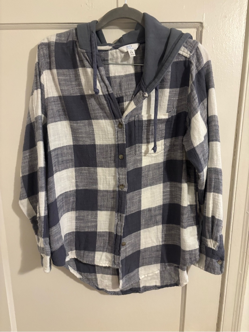 Time and Tru Navy and White Plaid Hooded Button-Down Shirt